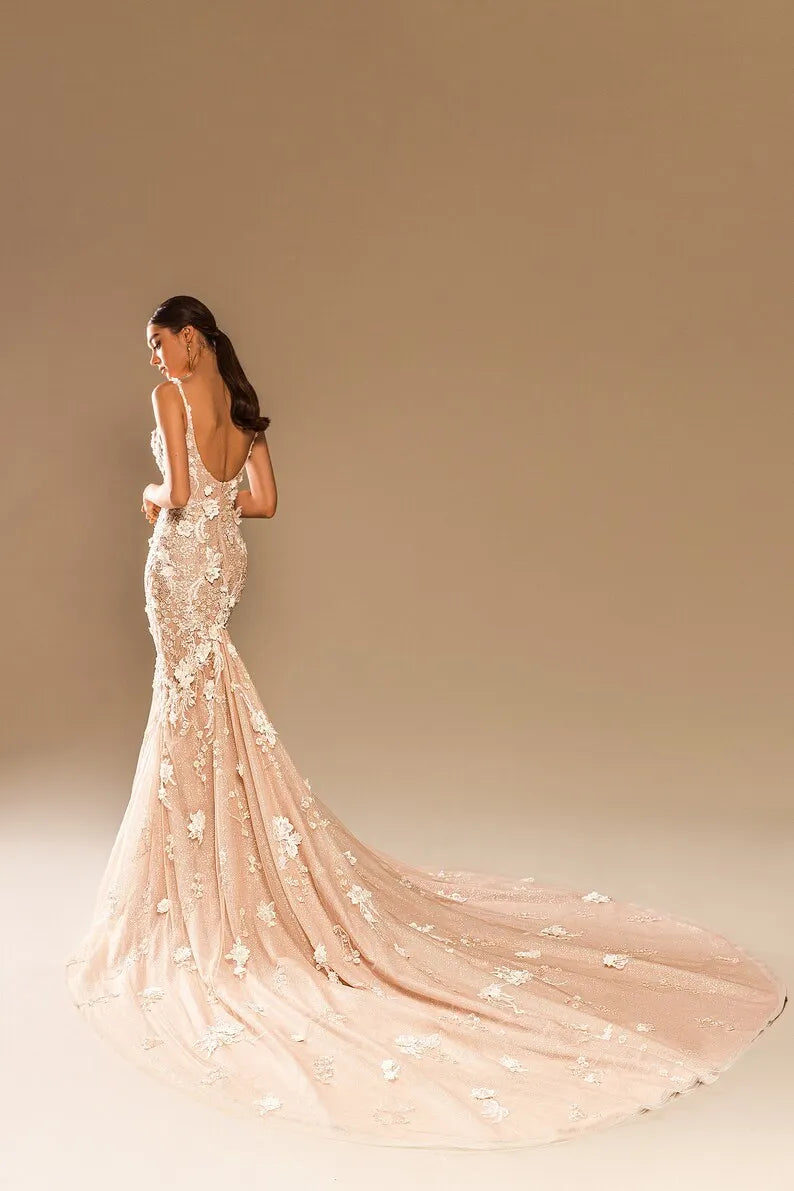 Mermaid Sheath Sleeveless Deep V neckline Brace Open Back 3D Flowers Sequin Glitter Long Cathedral Train Wedding dress Bridal gown
