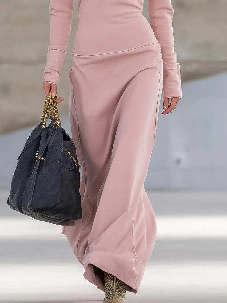 Retro sporty style zip-front pink maxi dress