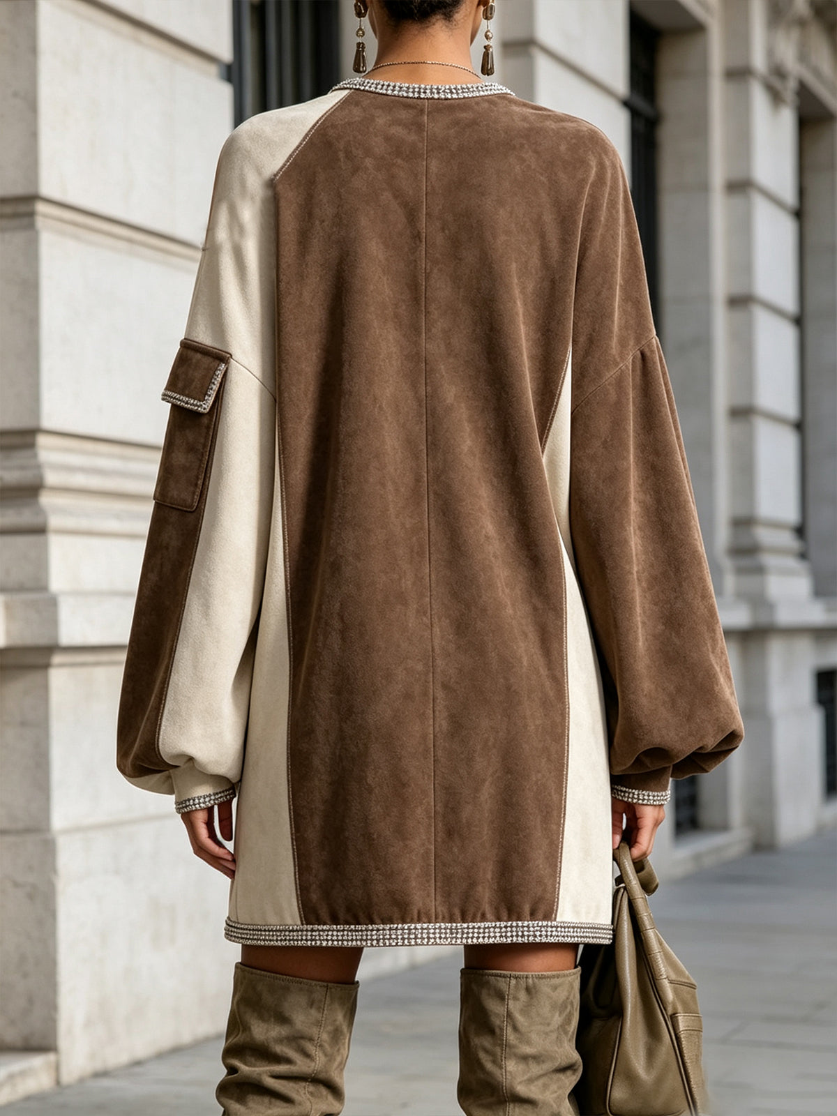 Brown Faux Suede One-Shoulder Trim Mini Dress