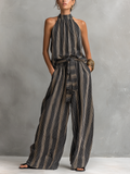 Women's Elegant Striped Printed Woven Round Neck Sleeveless Top Paired With Trousers Set MDZ2706B5AN