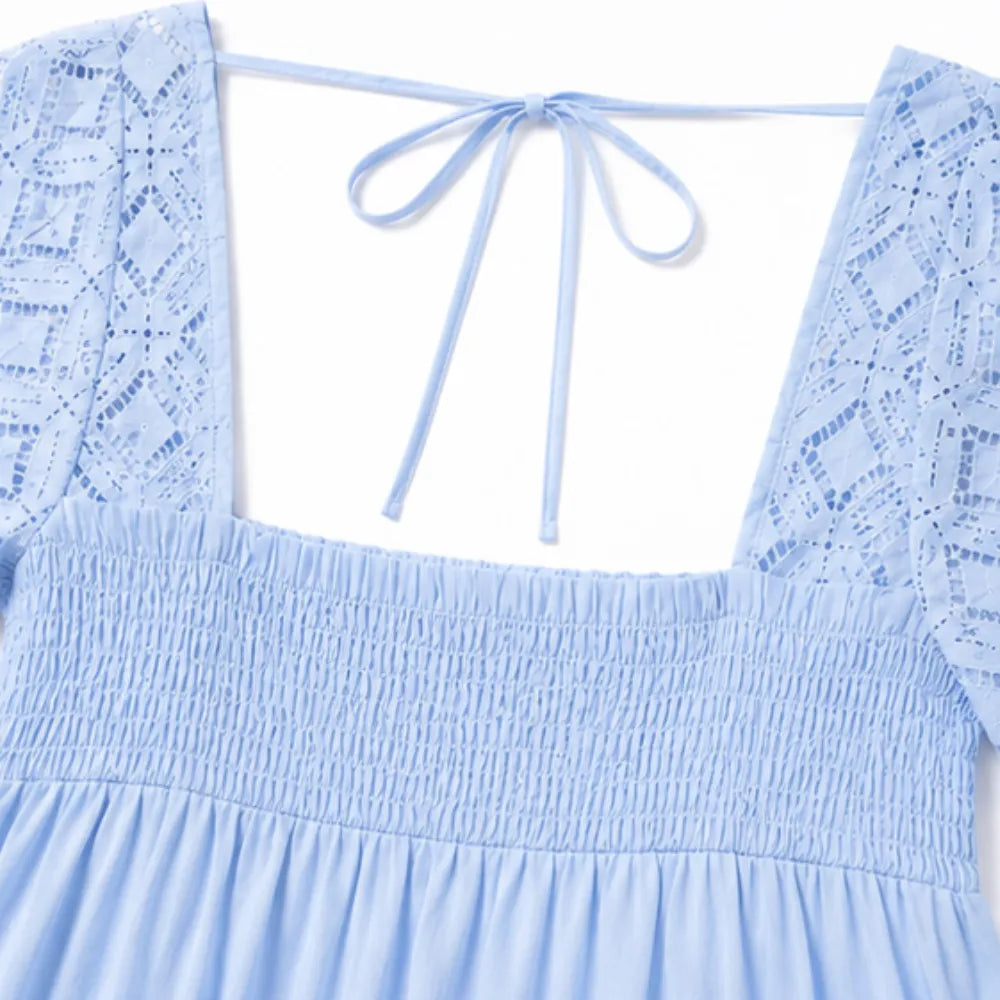 Vivelyn – Square Neck Smocked Babydoll Mini Dress with Lace Sleeves