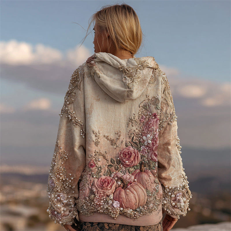 Thanksgiving Pink Pumpkins Roses Glitter Beaded Comfy Hoodie