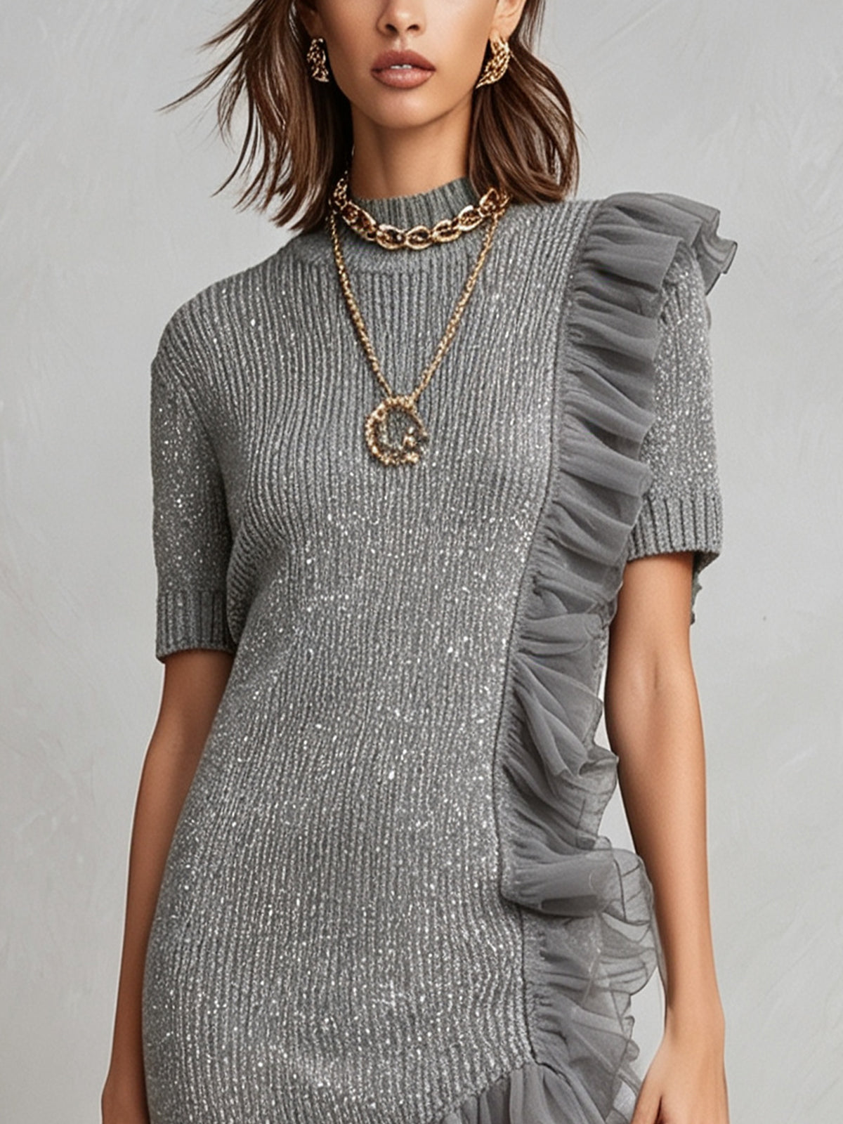 Gray Ruffle Trim Metallic Knit Mini Dress