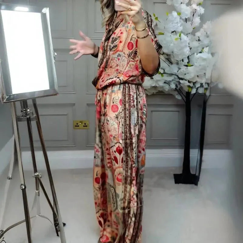 ✨ Stylish 2-Piece Co-ord: Women's Printed Top & Wide Leg Pants 2-Piece Set