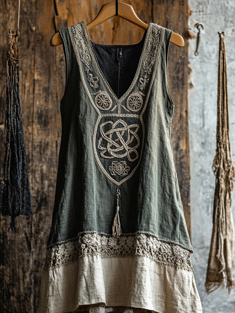 Tribal Celtic Embroidery Patchwork Tassel Art Linen Tank Dress