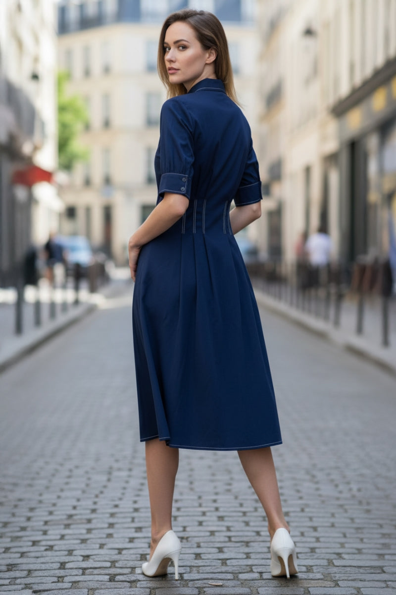 Contrast Stitch Pleated Midi Shirt Dress