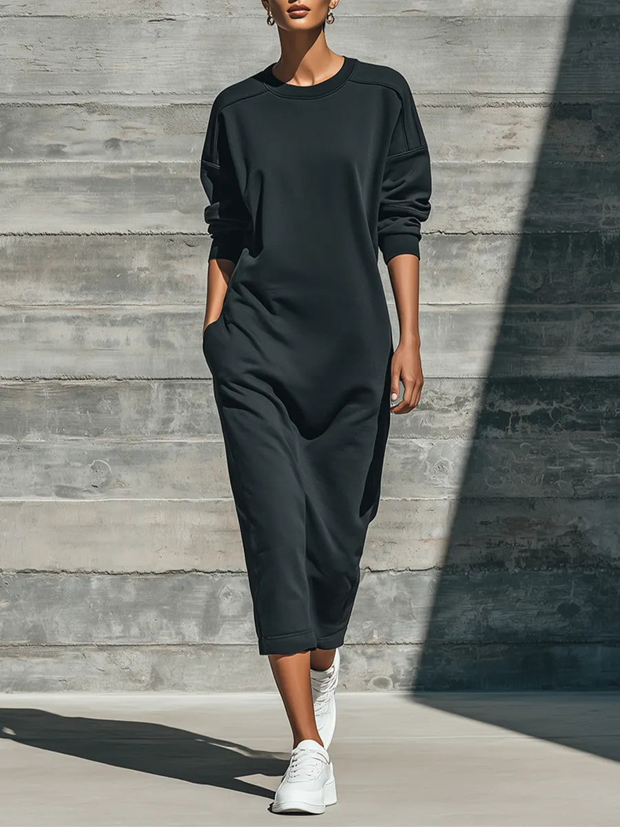 Women's Solid Black Soft Cotton Blend Sweat Midi Gown With Drop Shoulder Long Sleeves & Ribbed Cuff Hem, Effortless-Chic Loungewear Loose Midi Dress MDZ1613G9LYL