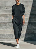 Women's Solid Black Soft Cotton Blend Sweat Midi Gown With Drop Shoulder Long Sleeves & Ribbed Cuff Hem, Effortless-Chic Loungewear Loose Midi Dress MDZ1613G9LYL