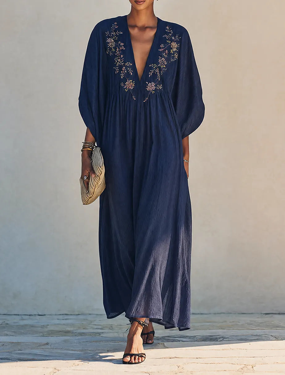 Women's Minimalist Cotton-Linen Maxi Dress With Floral Embroidery, Deep V-Neck, And Batwing Sleeves MDZ0895G0ZRK