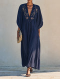 Women's Minimalist Cotton-Linen Maxi Dress With Floral Embroidery, Deep V-Neck, And Batwing Sleeves MDZ0895G0ZRK