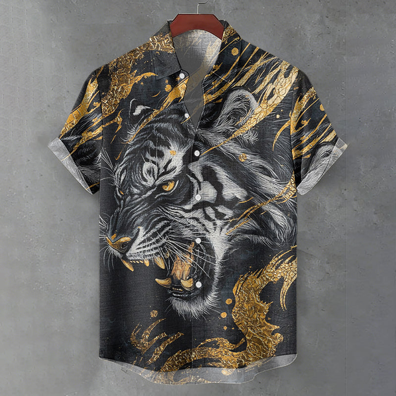 Men's Vintage Tiger Art Print Short Sleeve Shirt