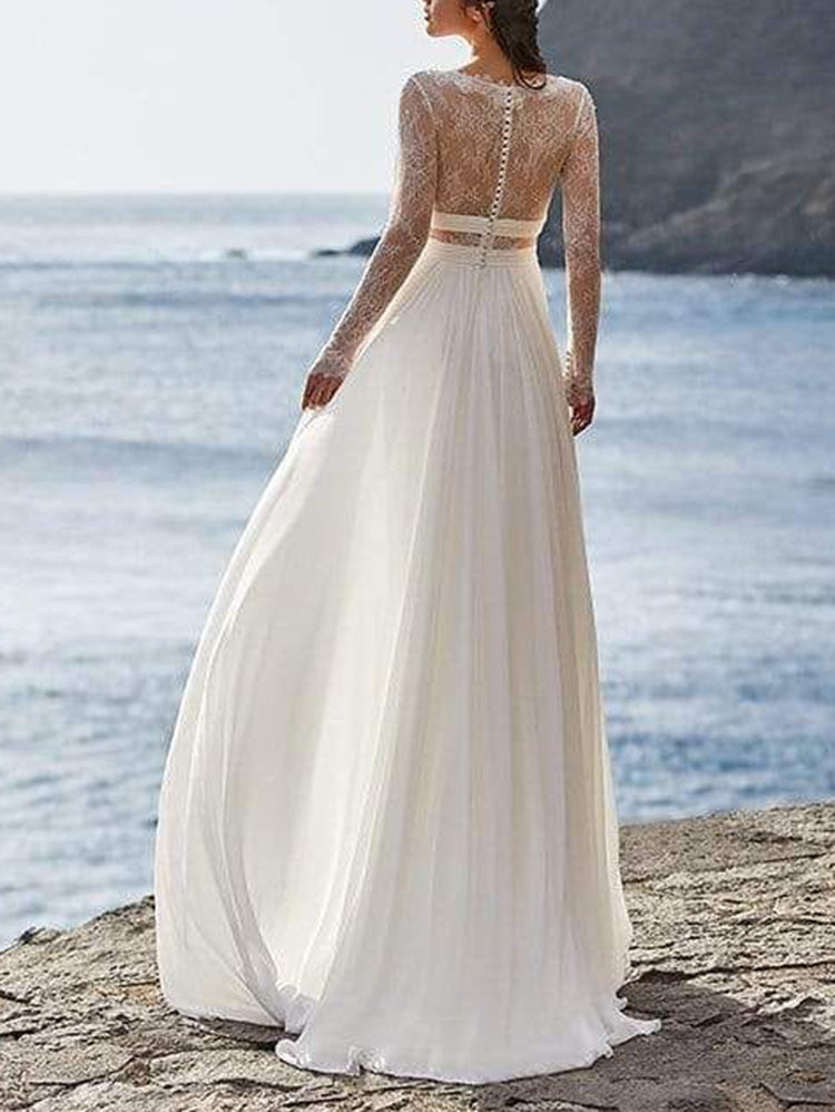 White V-Neck Lacy Long Sleeve Empire A-Line Wedding Maxi Dress