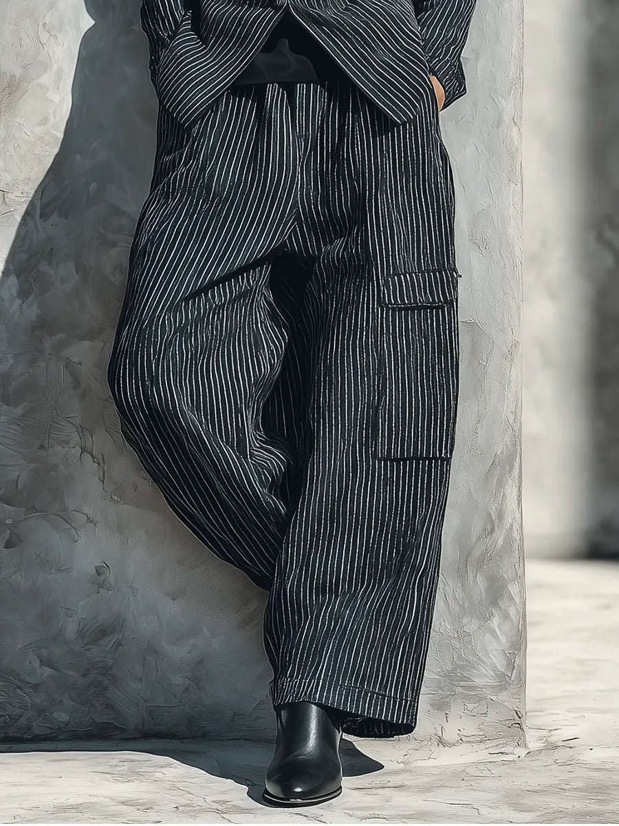 Women's Black White Vertical Stripe Mandarin Collar Single Button Blazer Wide Leg Cargo Pocket Pant Two Piece Suit Set MDZ1548G6YZJ