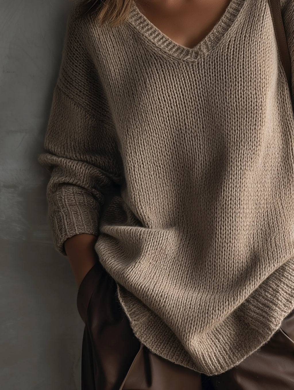 Women's Casual Grey-brown Knitted V-neck Long-sleeve Sweater MDZ2305G3LXY