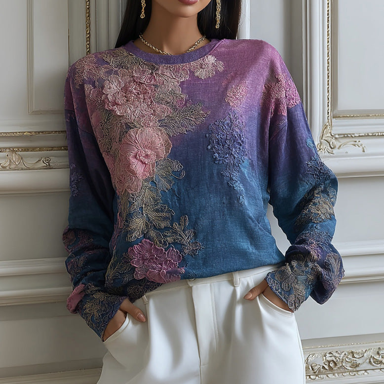 Women's Floral Embroidered Round Neck Comfortable Top