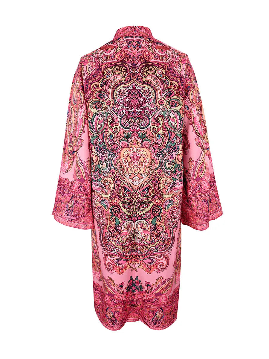 Long Sleeves Loose Contrast Color Printed Mock Neck Midi Dresses