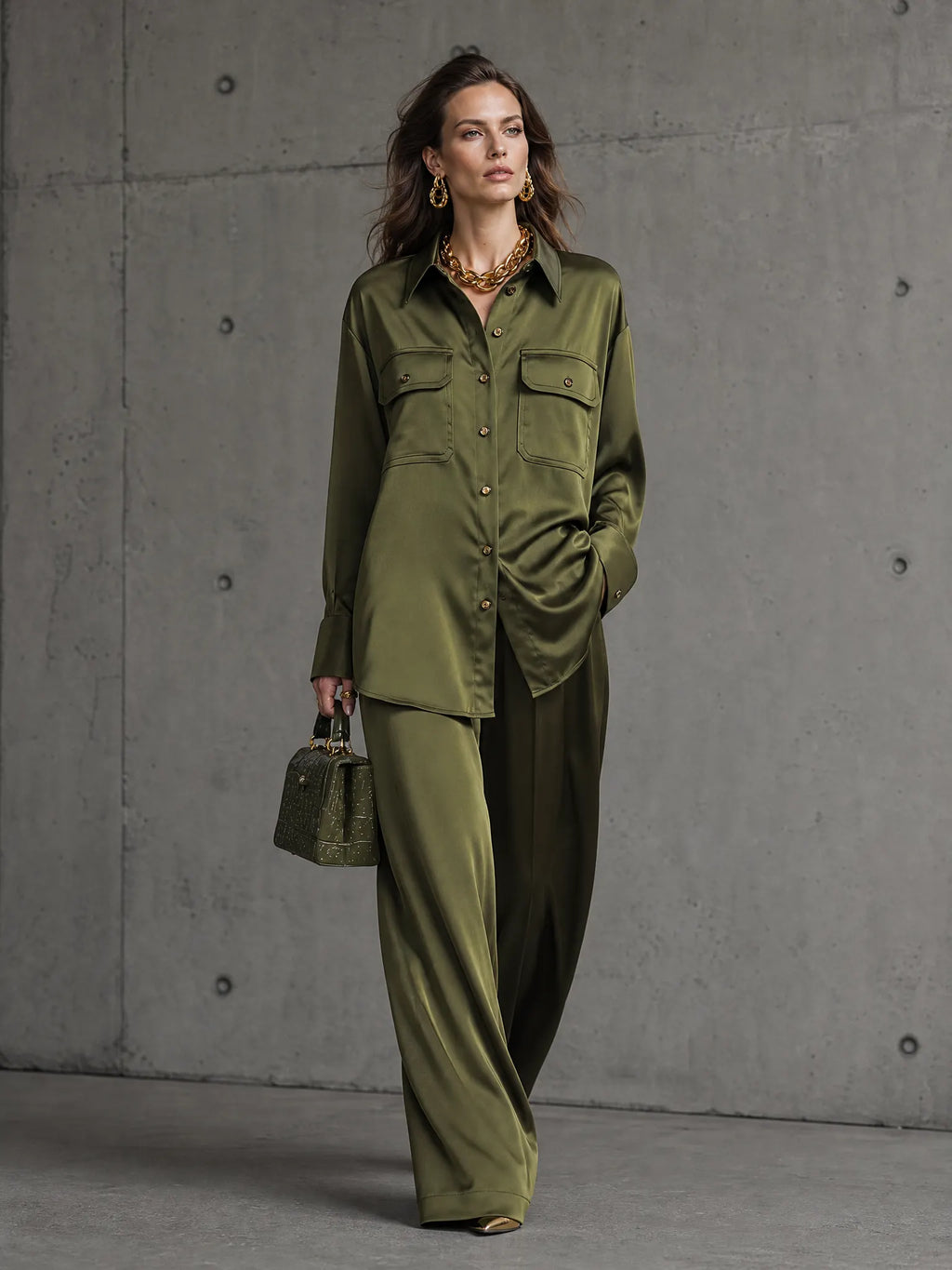 Women's Olive Green Glossy Satin Collared Dual Chest Pocket Button Front Long Sleeve Shirt High Waist Wide Leg Trouser Two Piece Set MDZ2096G4YZJ
