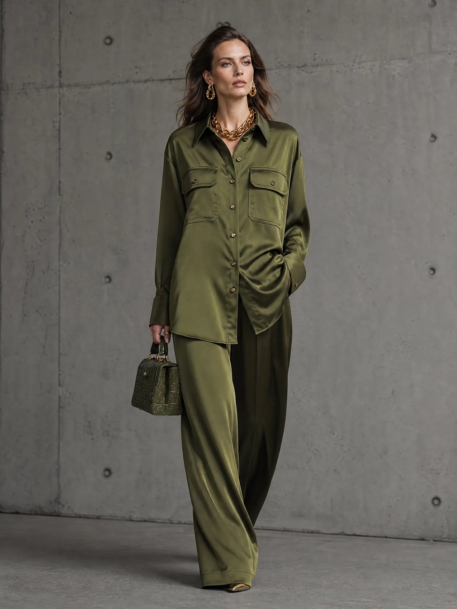 Women's Olive Green Glossy Satin Collared Dual Chest Pocket Button Front Long Sleeve Shirt High Waist Wide Leg Trouser Two Piece Set MDZ2096G4YZJ