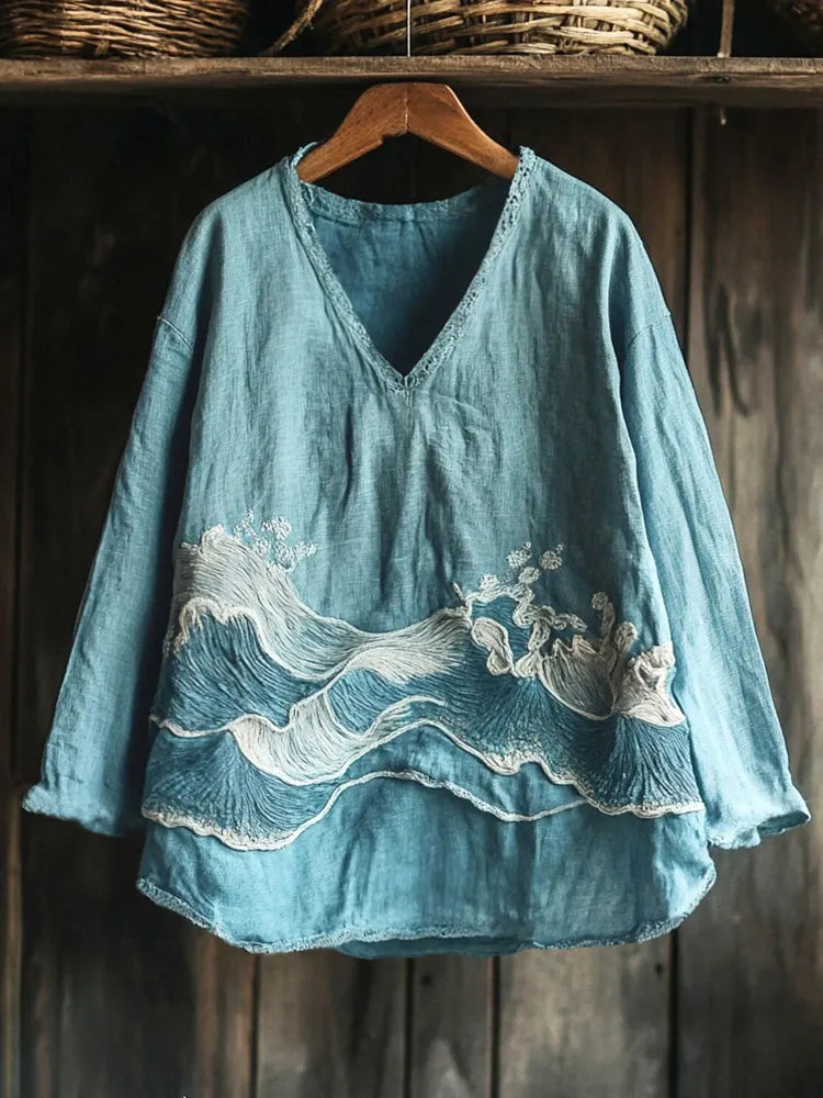 Vintage Japanese Waves Embroidered Linen Blend Cozy Tunic