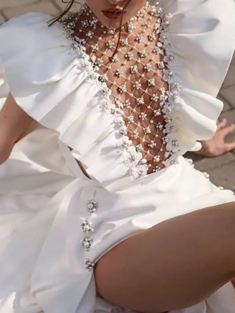 White Fluffy Sleeveless Beaded See-Through Split-Side Wedding Maxi Dress