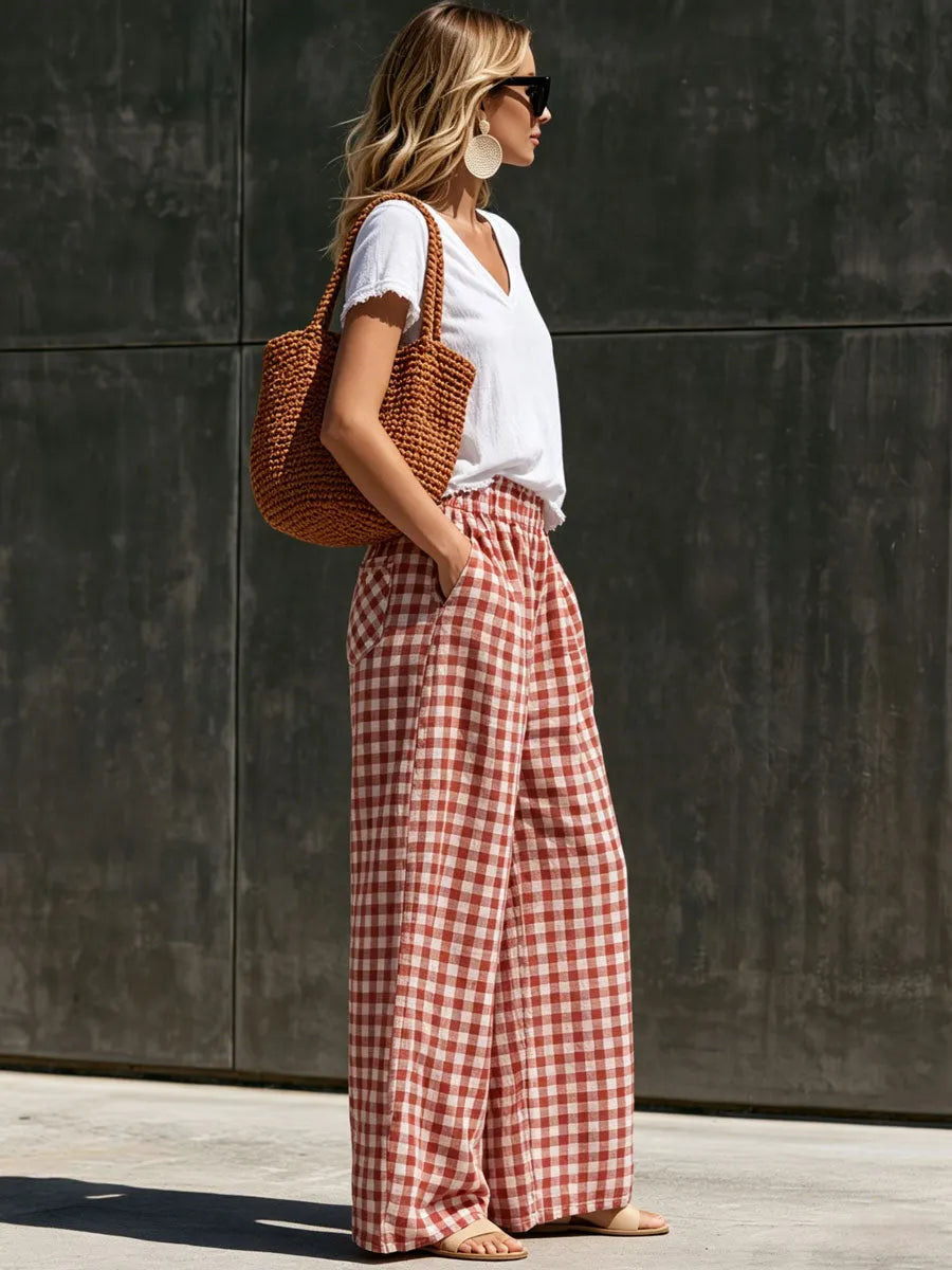 Casual Retro Short-sleeved T-shirt And Red And White Checkered Cotton Linen Pants Set