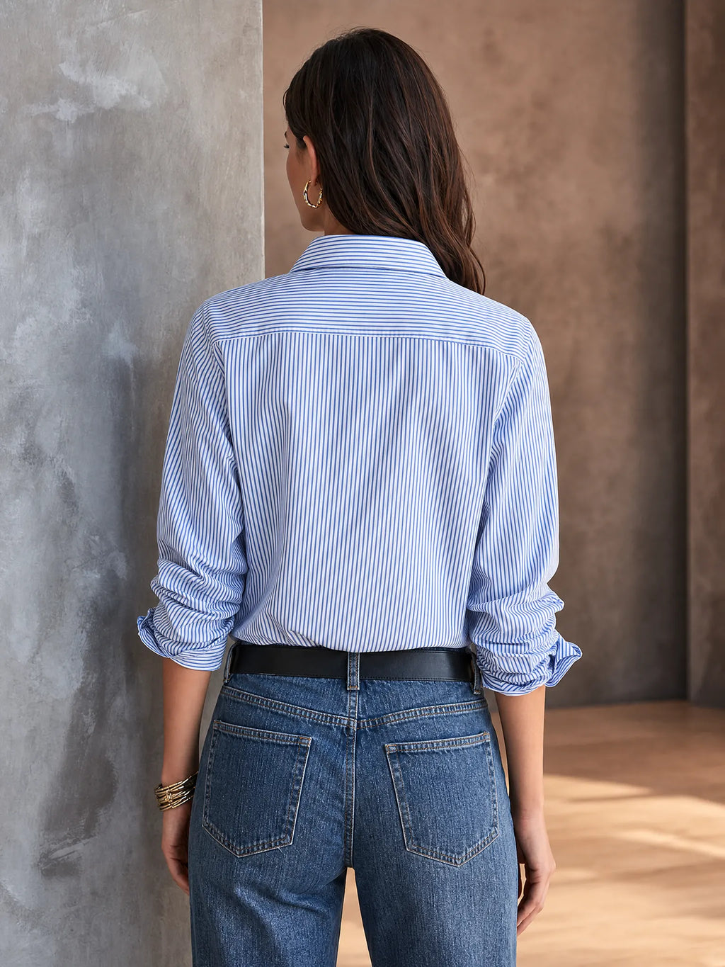 Women's Classic Commuter Blue White Cotton Blend Striped Pleated Pocket Button-Down Shirt MDZ1664G4GMJ