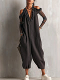 Cold-Shoulder Black Ruffle Trim Harem Jumpsuit