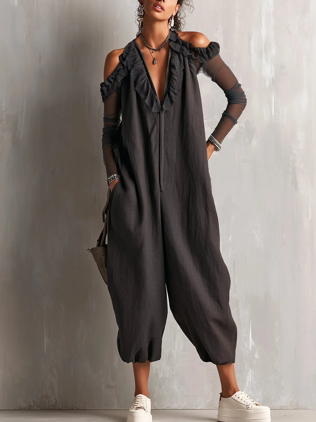 Cold-Shoulder Black Ruffle Trim Harem Jumpsuit
