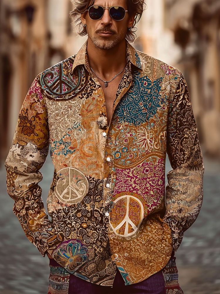 Bohemian Retro Hippie Pattern Men's Casual Linen Shirt