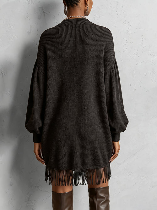 Black Gold Marbled Fringe Hem Oversized Crew Neck Knit Mini Sweater Dress