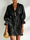 Black Embossed Floral Mini Dress V Neck Gold Button Lantern Sleeve Drawstring Waist Dress
