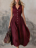 Elegant Zinfandel-colored Cotton And Linen Sleeveless Maxi Dress