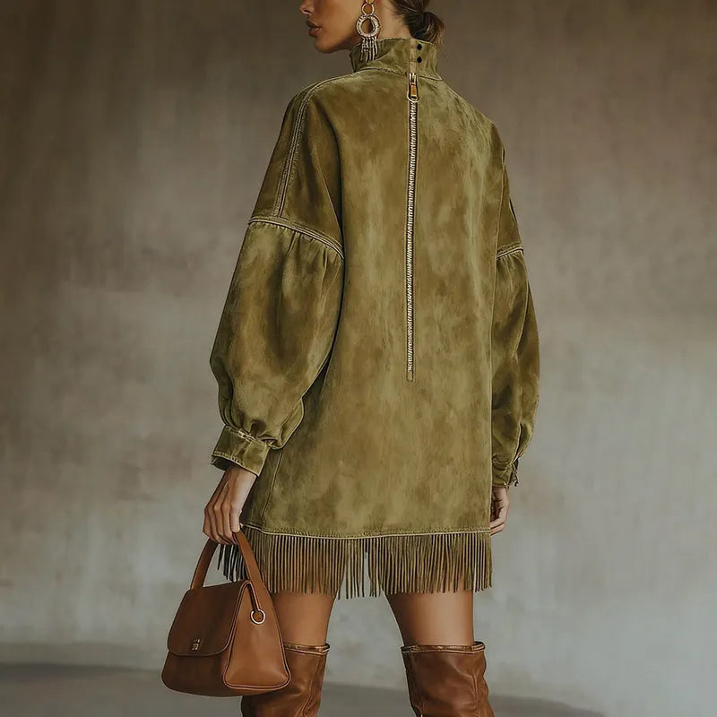 Olive Suede Fringe High-Neck Tunic Dress