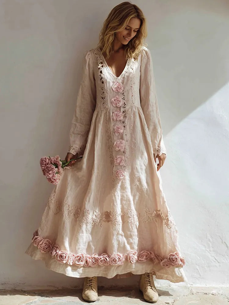 Women's Pink Rose Patchwork Lace Linen V-neck Dress
