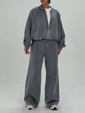 Gray Casual Zipper Jacket And Wide-leg Pants Two-piece Suit