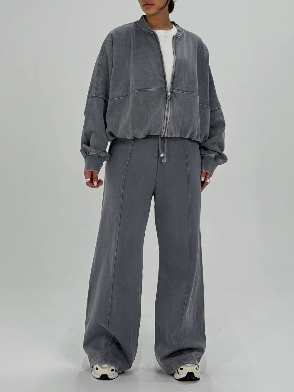 Gray Casual Zipper Jacket And Wide-leg Pants Two-piece Suit