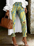 Women's Fashion Casual Lines Art Print Ripped Skinny Jeans