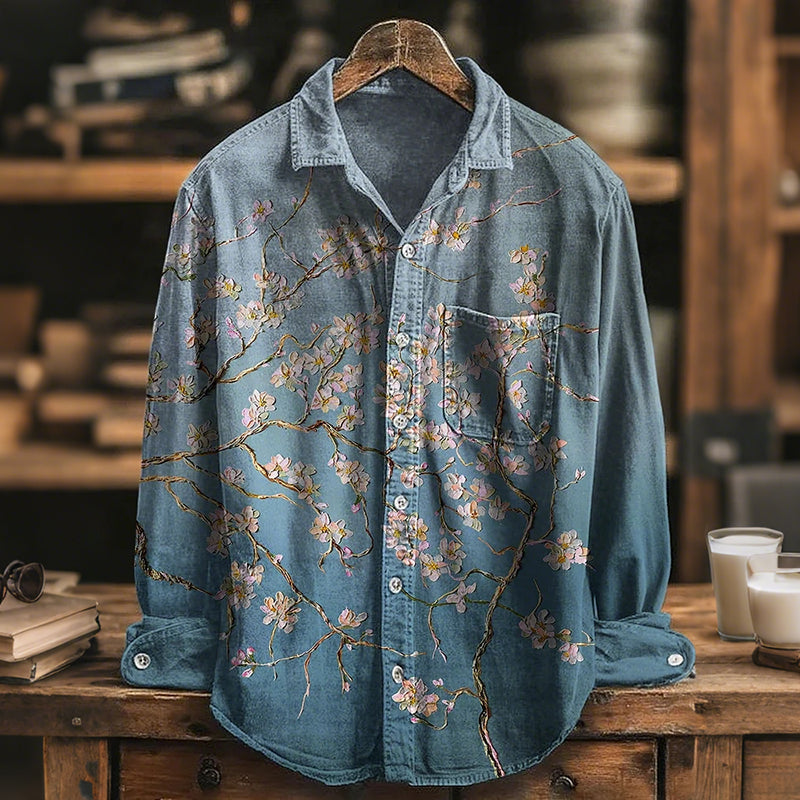 Men's Cherry Blossoms Oil Painting Print Cozy Long Sleeve Shirt