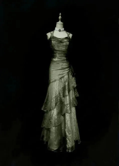 Green/champagne Vintage Elegant Long Lace Ruffle prom dress Evening Dress gh3444