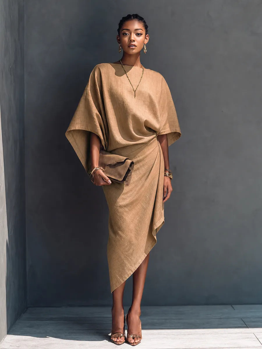 Women's Modern Minimalist Khaki Linen Blend Draped Asymmetric Short Sleeve Midi Dress MDZ0344G8GMJ