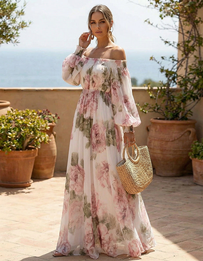 White Chiffon With Pink Rose Print Off Shoulder Design Maxi Dress