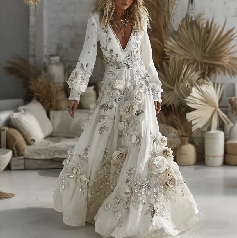 Women's Vintage Boho Pink Rose Floral Sequins Art Flowy Maxi Dress