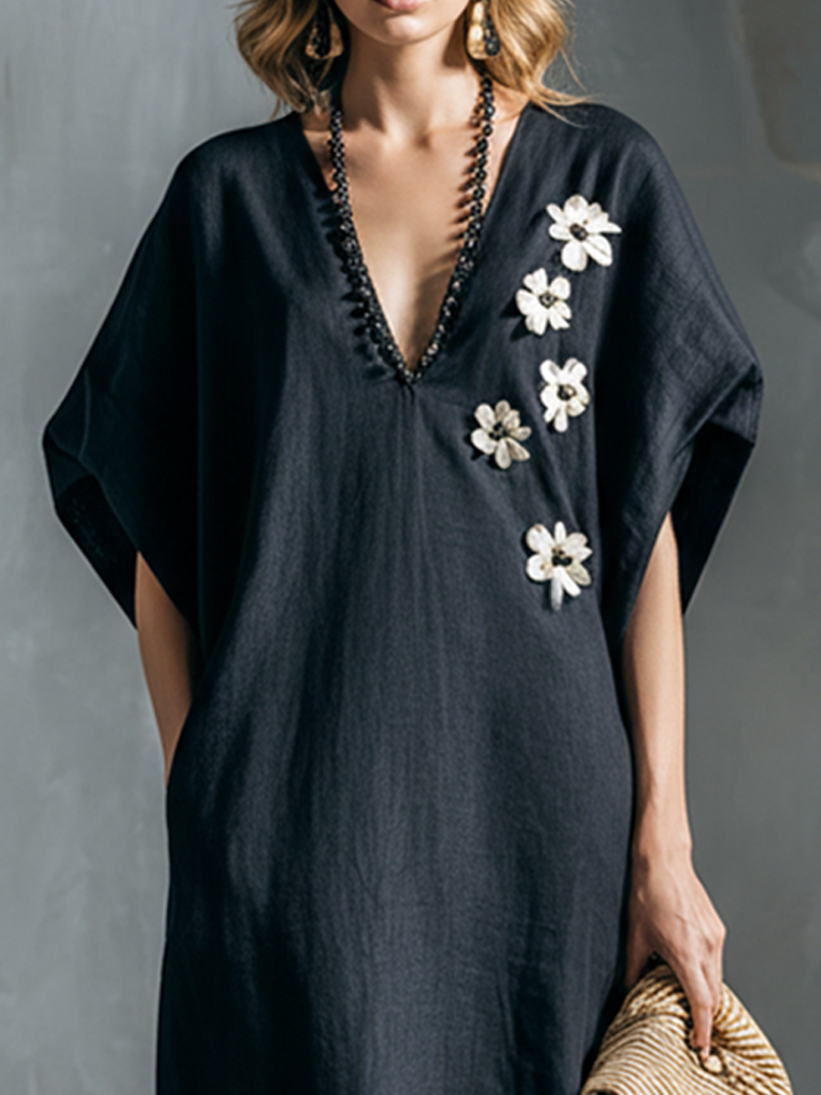 Women's Black Cotton Linen White Floral V-Neck Long Kaftan Dress MDZ2812B7BA