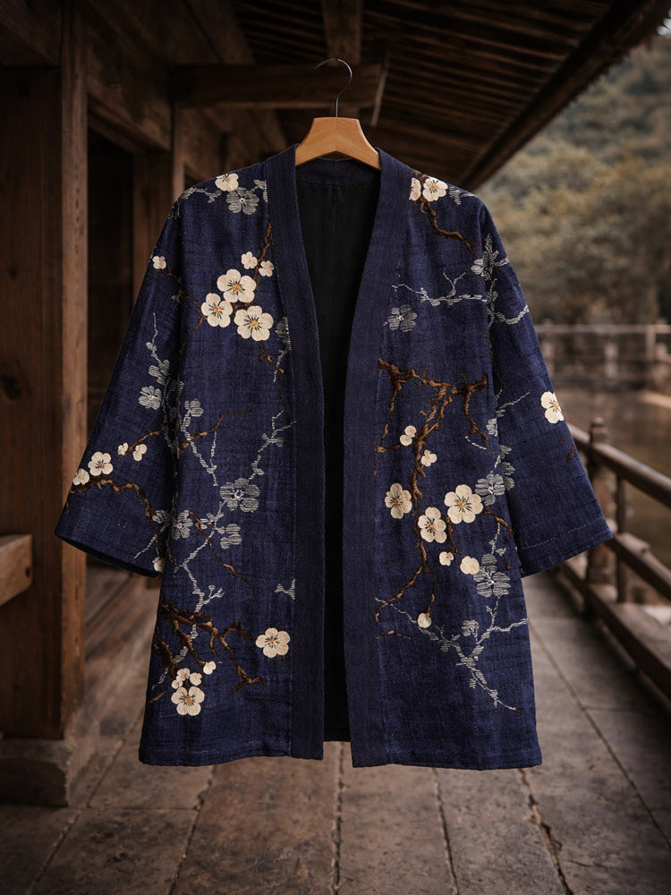 Vintage Japanese Traditional Sashiko Blossom Art Linen Blend Kimono Cardigan