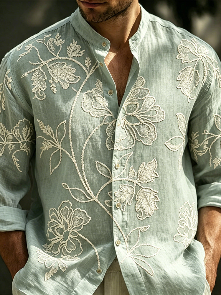 Men's Spring Floral Embroidered Art Print Flowy Linen Blend Casual Shirt