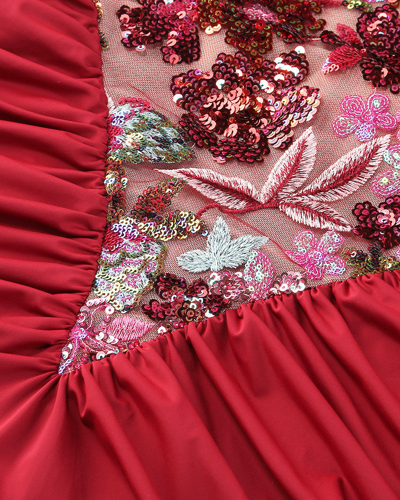 Halter Floral Sequin Embroidered Maxi Dress Red