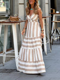 Summer Striped Print Patchwork Ruched Backless Maxi Dress
