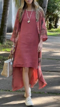 Rust Linen Tunic Dress & Kimono Cardigan Set