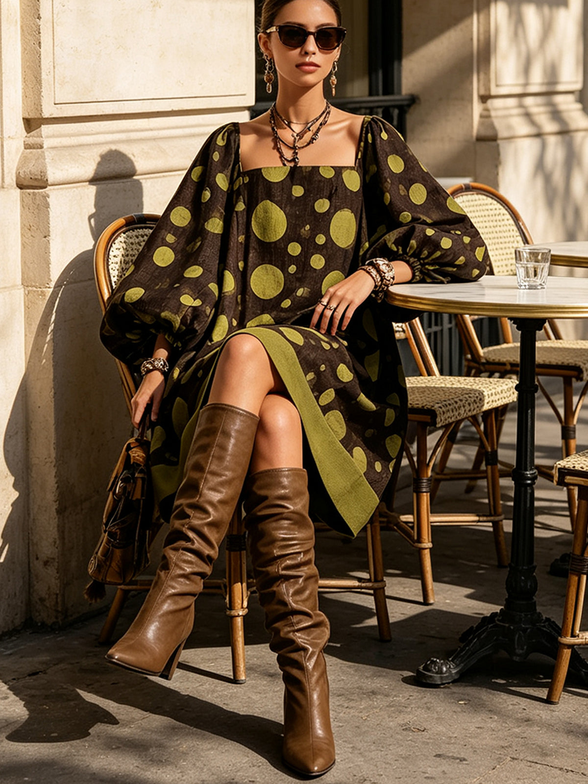 Olive Polka Dot Balloon Sleeve Mini Dress