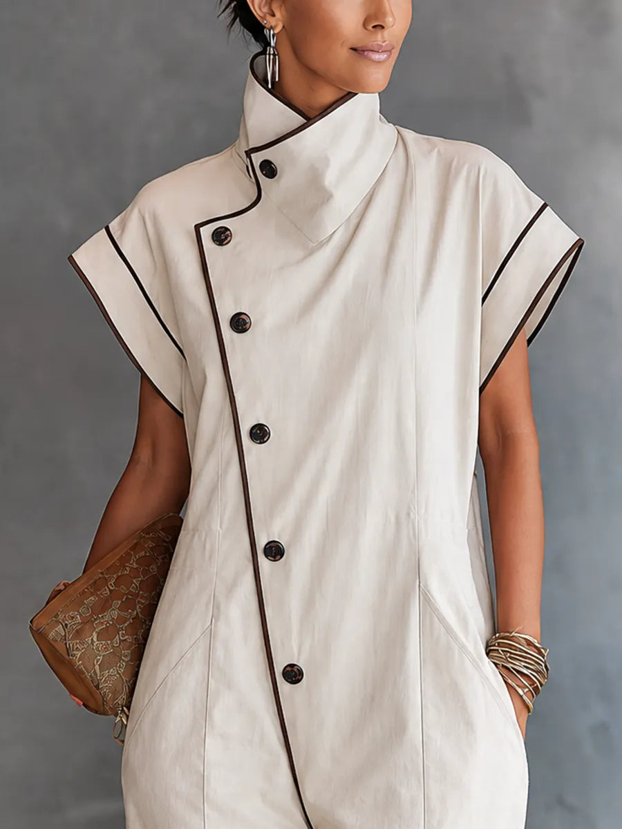 Women's Minimal Workwear Off White Cotton Blend Asymmetric Stand Collar Contrast Binding Full Length Jumpsuit MDZ1582G3GMJ